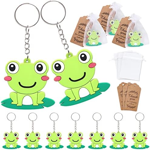 Симпатична жаба за клучеви за забави на забави 24 сетови Goodie Tag Подароци со Kraft Ви благодариме ознаки Бели торби за деца зелени