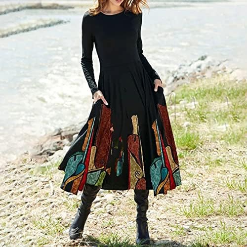 Нокмопо Плус Големина Фустан За Жени Моден Секојдневен Печатен Пуловер Со Кружен Врат Фустан Со Долги Ракави