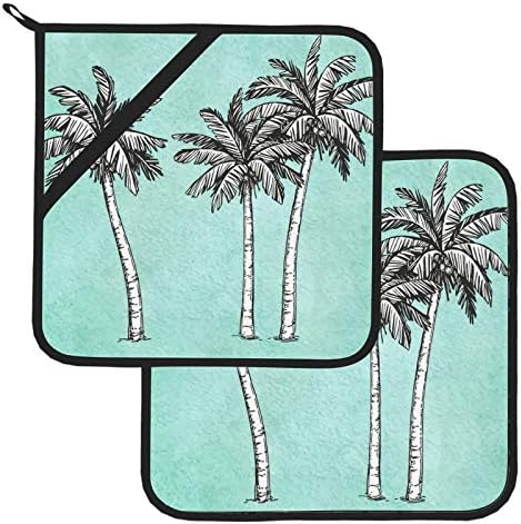 Рачно нацртано кокосово дрво лето тенџере со топлина отпорни на топли влошки за кујнски контра 2 парчиња држачи за тенџере со џебови 8 × 8 инчи