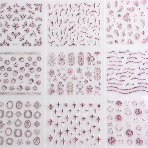 30 листови налепници за уметност со розови нокти 3Д самолепливи декорации за нокти сјајник виолетова линија чипка лисја цветни нокти Арт материјали