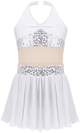 Agoky Kids Girls Halter Sequin Mesh Splice Leotard Tutu фустан балерина модерна современа сала за танцување во сала за носење