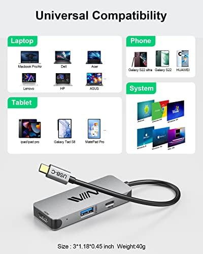 USB C До HDMI Адаптер, IVIIN 3 ВО 1 USB Тип C Центар СО 4K HDMI, 100W PD, Патување USB C Адаптер Компатибилен Со MacBook Pro/Air, iMac,
