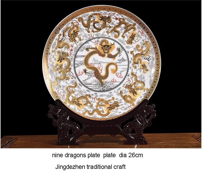 TJLSS уметничка керамичка украсна чинија златни змејови плоча за украсување плоча дрвена основа порцеланска плоча поставена свадба подарок