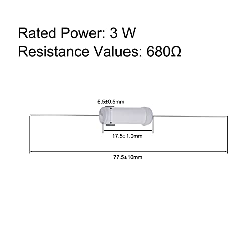 UXCELL 20PCS 680 OHM отпорник, 3W 5% отпорници на филмот за толеранција на метал оксид, олово, доказ за пламен за електронски проекти и експерименти