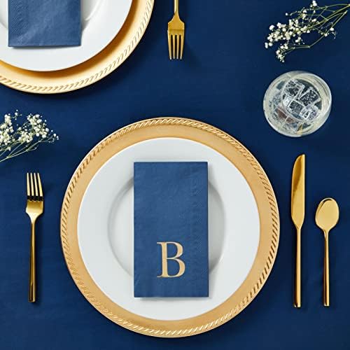 100 пакувања морнарички сини монограмирани салфетки со буква Б, злато фолија почетна за свадбена прием, забава за ангажман