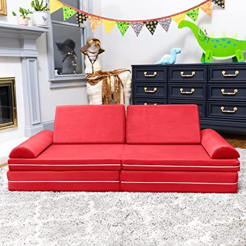 Jaxx Playscape Deluxe Plush Velvet Kids 6 Piece Modular Couch/Playset, црвена