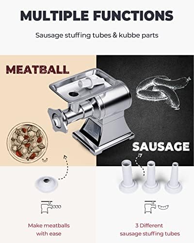 Електрична Мелница За Месо, Мелница За Месо 3-во-1 &засилувач; Производител На Полначи За Колбаси СО Мотор ОД 1100W, 2 Чинии, 3 Цевки За Колбаси, 1 Комплет Кубе, Мелница За Х