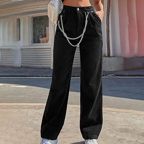 Женски панталони со високи половини од половината панталони со патент со ширина на ногата лабава фармерки со ланец борбени панталони со молив со џогер