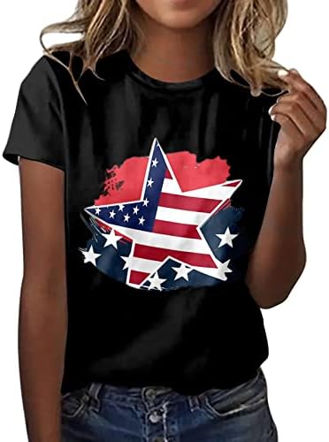 Патриотски кошули за жени Американско знаме маица летни обични врвови со кратки ракави ленти ленти за вратоврска удобна лабава блуза Топ