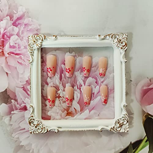 24 парчиња цвеќиња Притиснете на ноктите долги ковчези лажни нокти дизајнираат сјајни лажни нокти пролетен лепак на ноктите симпатични вештачки