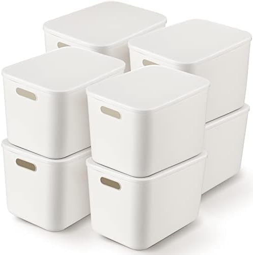 Туансе 8 Парчиња Пластични Канти За Складирање Со Капаци Бела Кутија За Складирање Со Рачка Контејнери Што Се Редат Со Капаци За Организирање Бели Канти Мала Корпа