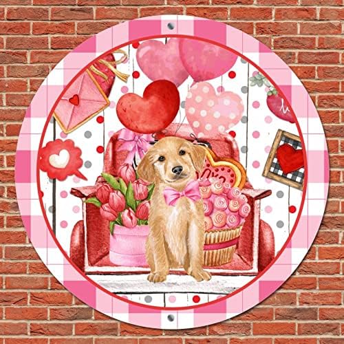 Тркалезен метален калај знак Денот на в Valentубените домашни миленичиња куче и loveубовни срца галони венец знак метал постер 'рѓосан