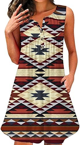 Дами ацтеки фустани лето ретро западен етнички печатење без ракави миди фустан лабаво проточно копче надолу