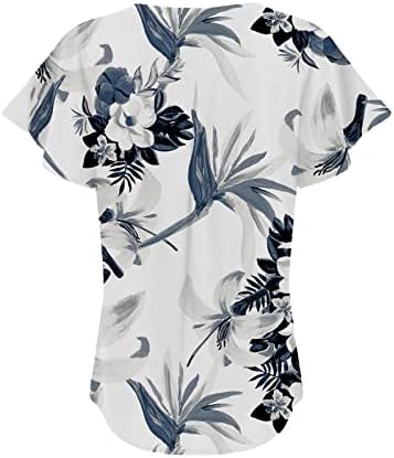 Туника на врвови за жени лабави вклопуваат маички со цветни печатени маици V вратот Кратки ракави блузи 2023 летна лесна маичка со