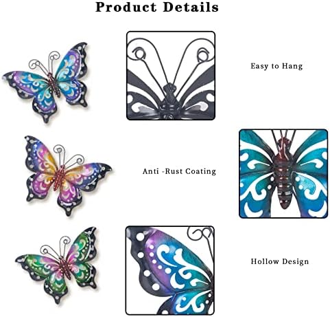 Dreamkip 3 пакет метална пеперутка wallидна уметност на отворено декор, пеперутки пролетни wallидни скулптури виси метални wallидни украси за градина, внатрешен двор, ограда