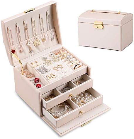 Дези Женска Кутија За Накит, Постара СТП Кожа, 3 Слојна Кутија за Складирање Накит со Средна Големина со Заклучување. Преносни