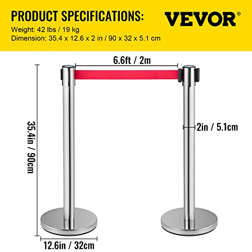 Контрола на толпата Vevor Control Stankion, сет од 6 парчиња сет на Stanchion, STANCHION SET W/6,6 FT/2 M RED RETRACTABLABLE BELT,