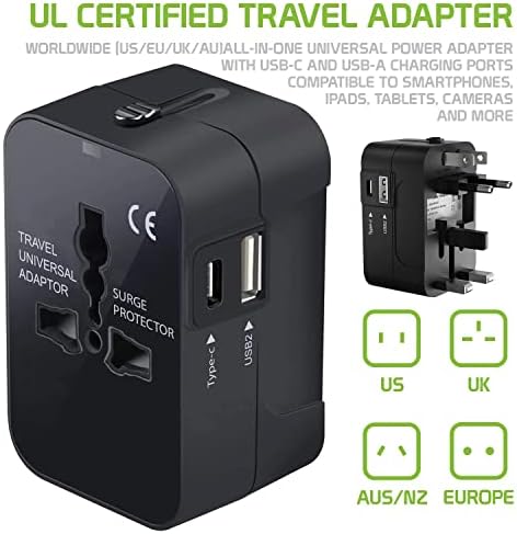 Travel USB Plus Меѓународен адаптер за напојување компатибилен со Google Nexus 8 за светска моќ за 3 уреди USB Typec, USB-A за патување