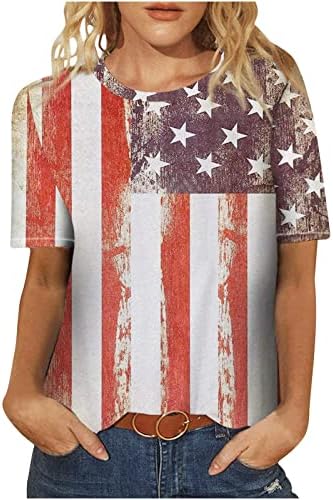 Американско знаме врвни жени на 4-ти јули со кошула со кратки ракави, трендовски обични маички влегуваат во Денот на независноста