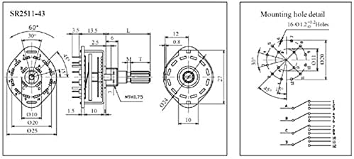 1 Пол 12 Позиција RS25 Rotary Band Switch Multical Selector 20mm Цветна оска DC30V 0,3A прекинувач