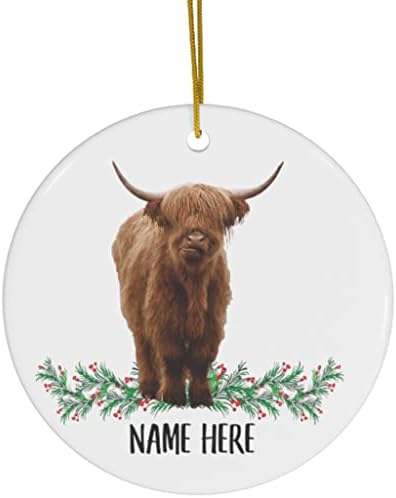 Смешна шкотска висорамнинска крава персонализирана име подароци 2023 украси за новогодишна елка Керамика