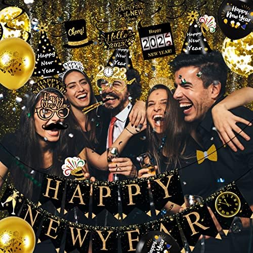 Movinpe Нова Година на забави за забави 2023 Служба 20 - Среќна нова година украси комплет, банер конус капи тиарас фолија раб завеса
