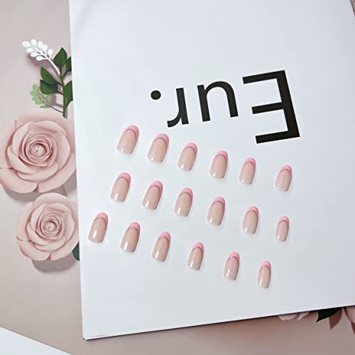 Пролетни Нокти Light Pink French Tips Press on Nails Medium,KXAMELIE  Acrylic Nails Press on Glitter Sequins Fake Nails with Nail Glue,Nude Nails Glue on for Manicure in 24PCS
