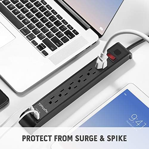 Заштитник на електрична енергија Tiffcofio Power Strip со 6 продажни места и 2 USB порти, кабел за продолжување од 10 стапки,