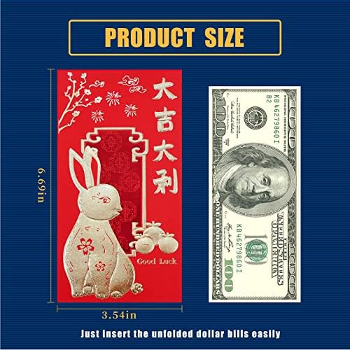 Декјар Кинески Нова Година Црвени коверти 2023 година, Лунарна Нова Година на зајак среќа пари коверти пакети Хонг Бао со 6 различни златни врежани обрасци