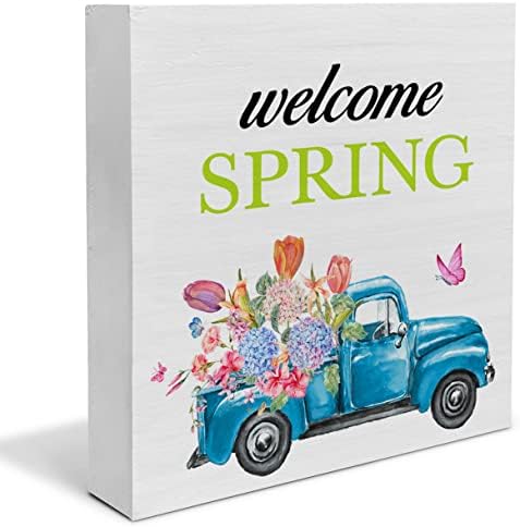 Селска фарма куќа добредојде пролетна дрвена кутија знак за декорирање на декорирање на акварели цвеќиња гроздобер камион пролет цитат Дрвен