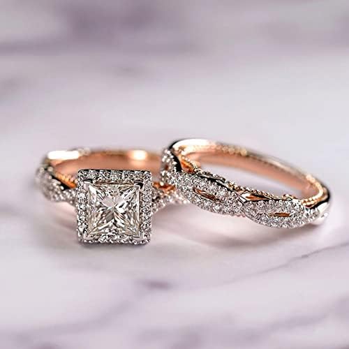 2023 Нови дами луксузно розово злато пенливи прстени Класичен моден плоштад циркон прстени унисекс три парчиња сет прстен розово злато обоен