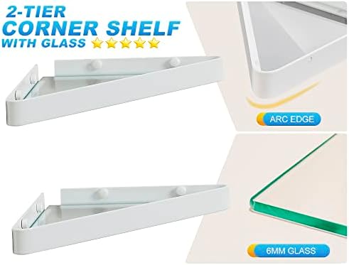 Skiken 2-Tiger туш агол стакло полици, wallид монтиран триаголен полица, 6мм чиста стакло и метална рамка, триаголен решетка за складирање