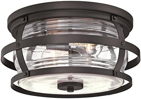 Осветлување на Westinghouse 6359500 Weatherby Outdoor Two-Light Flush Mount во изложена бронзена завршница и чисто стакло