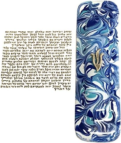 Мермерна сина уметност стакло Мезуза - вклучена кутија за подароци и не -кошер - Вклучен е рачно изработено во САД