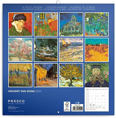 Календар 2023 година, Календар на winsидот на Винсент Ван Гог, месечен календар, 16 -месечен календар за висини септември 2022 година - декември 2023 година, 12х12 во.