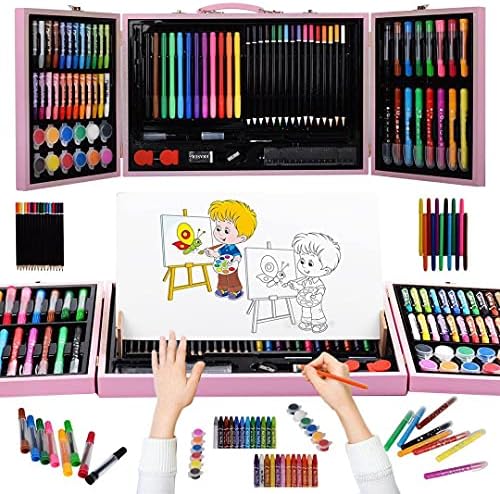 Уметнички комплети за девојчиња, Kinspory 127 пакуваат дрвени уметнички материјали комплети за сликање на боење, цртање, фенси куфер подарок за деца тинејџери