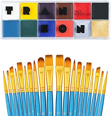 Трансон 20 парчиња масовен уметник за сликање на четки и палета за бои на телото од 12 бои