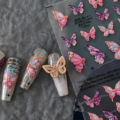 Snuoy Пеперутка за нокти налепници за само-лепете 5D врежани решенија разнобојни пеперутки резба дизајн на нокти за уметност за жени