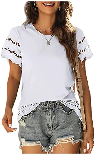 Nxxyeel жени кошули со тркалезен врат цврста боја маица кратки ракави летни обични маички кошула чипка ракав Туника на врвови