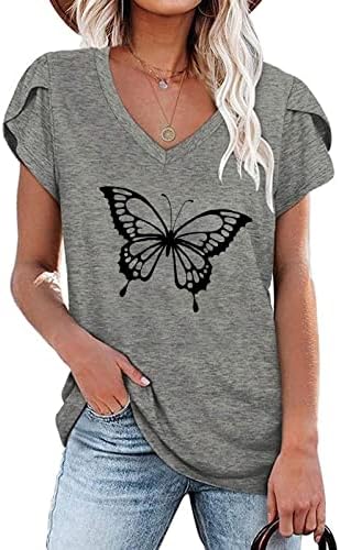 Hgccgdu симпатични летни врвови за туника за жени Petal Sleeve v вратот Tee 2023 летни облечени обични кошули Ретро графички маички блуза