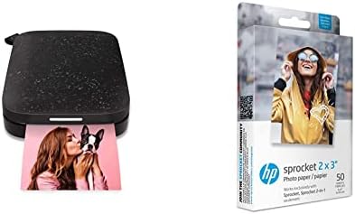 Преносен печатач за фотографии со боја на HP Sprocket-Веднаш печатете 2x3 Фотографии поддржани од лепки од вашиот телефон-[Noir] [1AS86A] и Photo Photo Photo, 50 листови