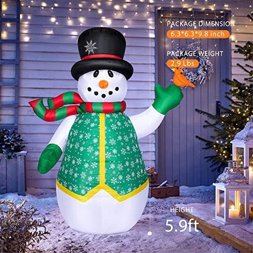 Вивохом Божиќно LED осветлен 6 -тина висина на надувување снежен човек со шамија на капа и птица и 7,2 метри долга надувување на санта