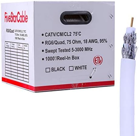 Пет Starвезден кабел 1000 стапки RG6 Quad Заштитен коаксијален кабел за употреба со аудио, видео и CATV/MATV преноси. Бело