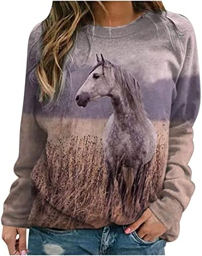 Модни маички кошули женски коњски графички обични долги ракави џемпери екипажот на екипажот симпатичен 3Д печатен пуловер опуштен туничен врв