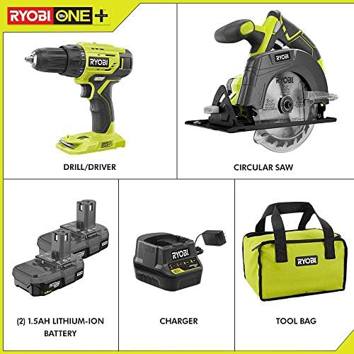 Ryobi P1816 18V вежба и кружен комплет за стартување со две батерии од 1.5AH и полнач