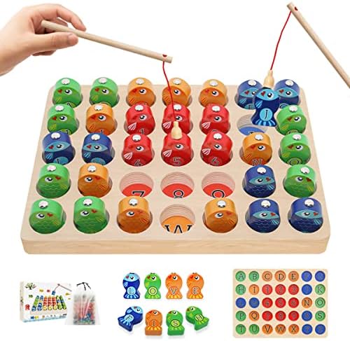 Играчки за матични магнети за 2 3 4 5 6 годишни момчиња девојчиња, дрвена игра со магнетски риболов и градежни блокови на магнетни плочки,