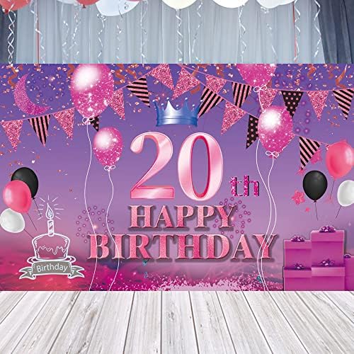 Среќен 20 -ти роденден Банер Пинк Виолетова 20 -ти Постер за знаци 20 Снабдување за роденденска забава за годишнината Фото штанд Фотографија