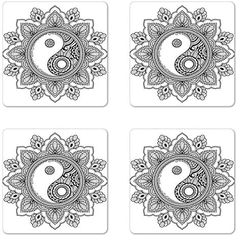 Амбесон Етнички Подлога Сет од 4, Илустрација на Кружен Ориент Дизајн Со Јин Јанг Во Центарот, Квадратни Дрвени Плочи За Сјај, Стандардна