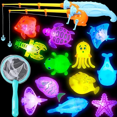 15 Парчиња Магнетно Осветлување Играчките За Капење Вклучуваат 2 Играчки Столб За Риболов 12 Шарени Океански Морски Животни И Нето Пловечки