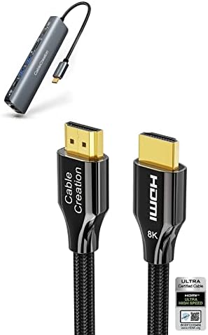 Пакет-2 Предмети: CABLECREATION HDCP HDMI Кабел 3FT 8K 60Hz+CableCreation 7-ВО-1 USB-C Центар Мултипорт Адаптер СО HDMI, 1000m Етернет, 2